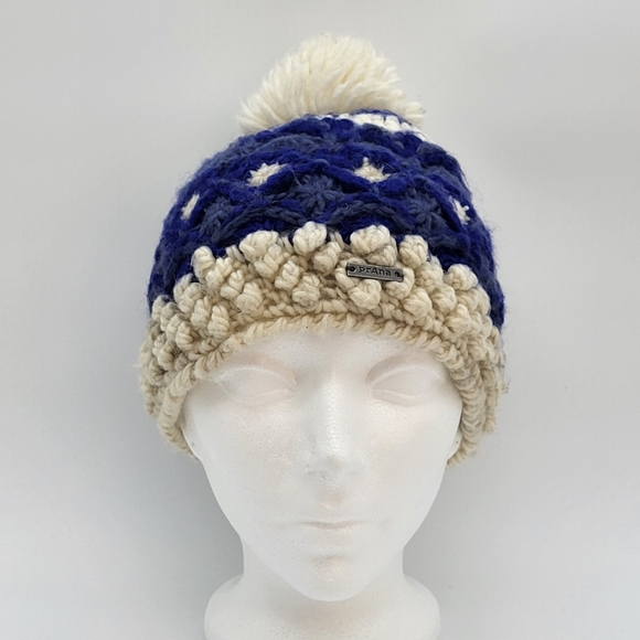 Prana Accessories - Prana blue+white mixed wool knit white polyester fleece interior pom pom top